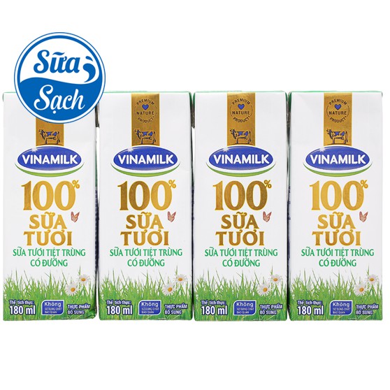 Sữa Tươi Tiệt Trùng Vinamilk Có Đường/Không Đường/Ít Đường/Dâu/Choco Hộp 180ml (4 Hộp)