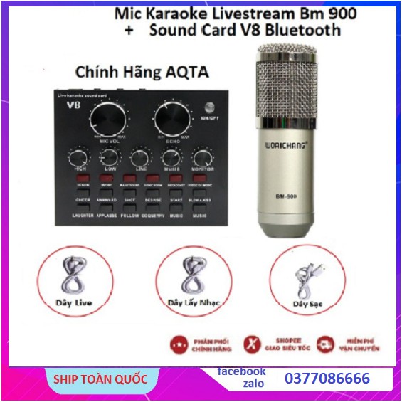 Combo Siêu Đỉnh Sound card thu âm V8 + Mic Karaoke Livestream Woai Chang BM900+ Dây 3.5mm Lấy Nhạc