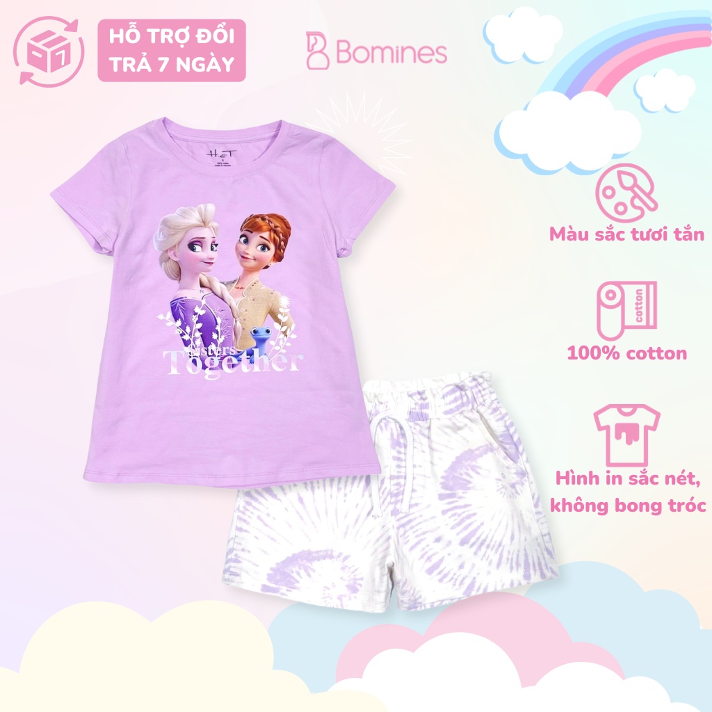 Đồ bộ bé gái Elsa BOMINES, đồ bộ short mùa hè Elsa thun cotton loang màu cho bé 3 tuổi đến 10 tuổi khoảng 12kg đến 30kg