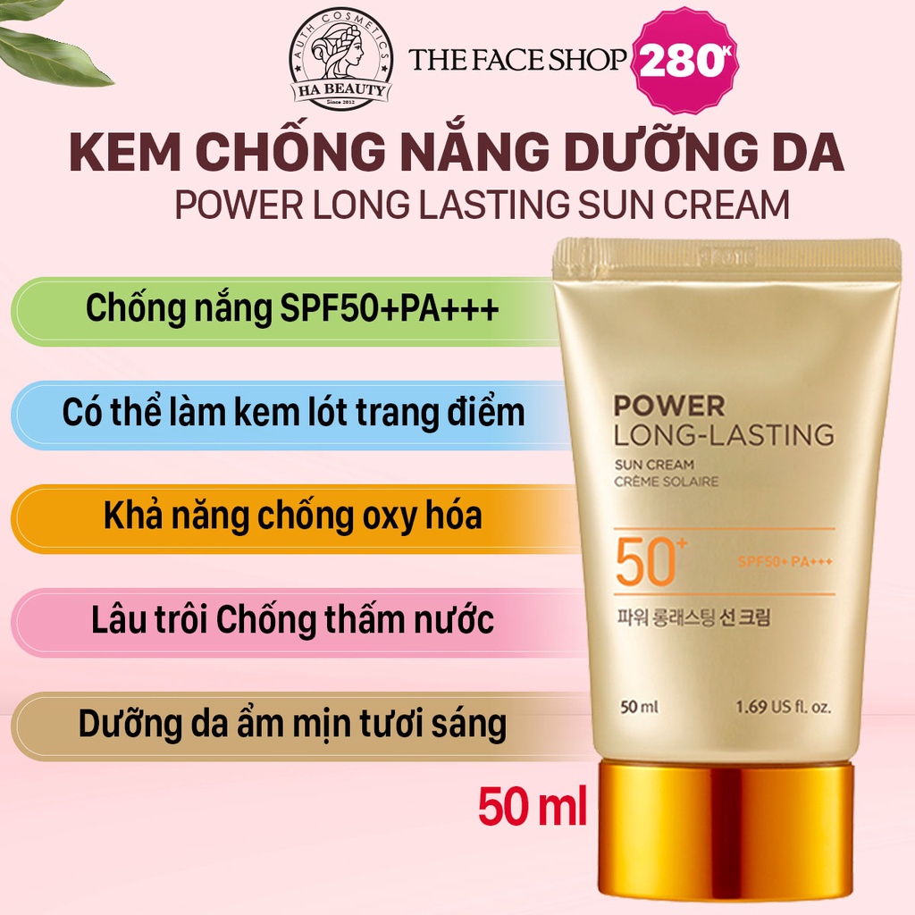 Kem chống nắng dưỡng da The Face Shop Hà Beauty trang điểm lâu trôi Natural Sun Eco Power Long Lasting SPF50+PA+++ 50ml