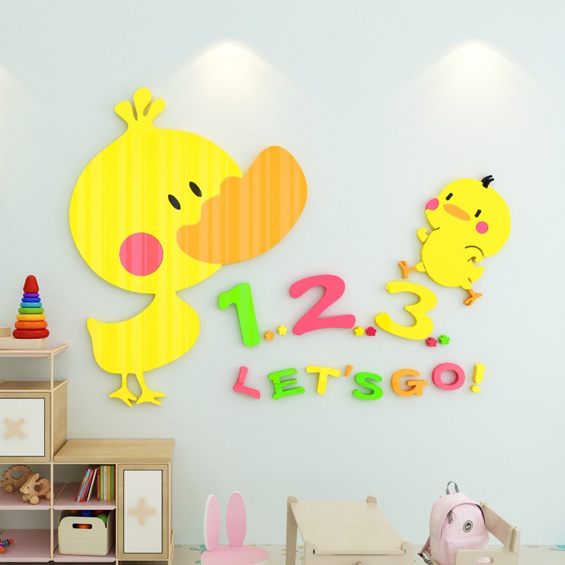 Tranh dán tường mica 3d decor khổ lớn chú vịt con trang trí mầm non, phòng cho bé Nhiều Size - EPeBen