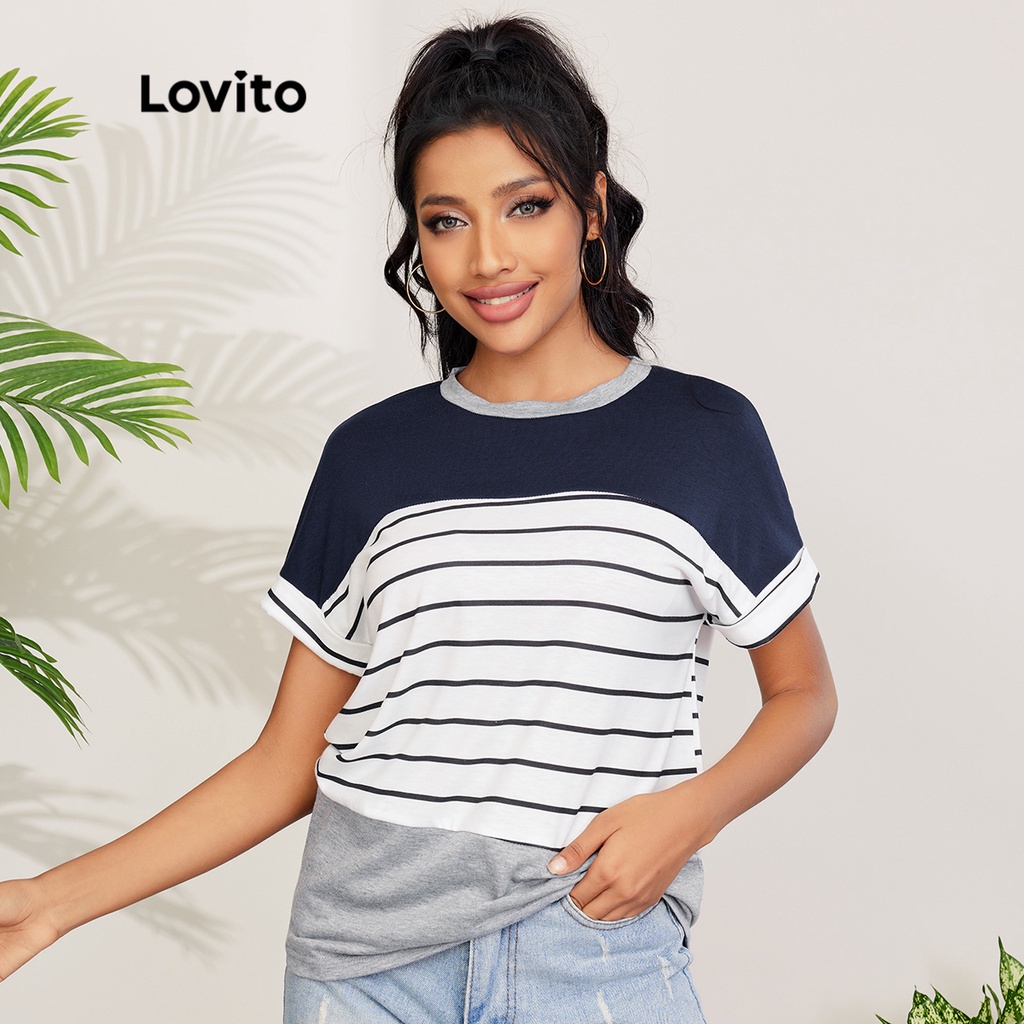 Áo thun Lovito đường khâu kẻ sọc khối màu phong cách thường ngày L27LD004 (màu xanh lam navy)