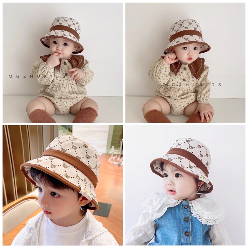 Mũ vành cho bé hình gấu có dây đeo size 52