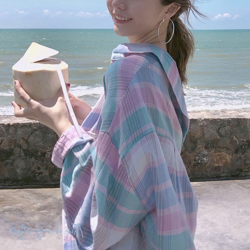 Áo sơ mi caro IELGY tay dài chống nắng màu hồng