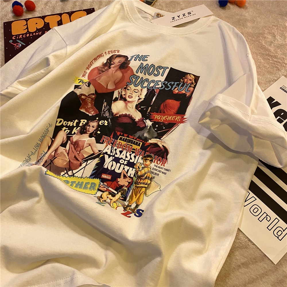 Áo Thun Tay Lỡ Cổ Tròn In Hình Áp Phích Monroe Cá Tính 190693Áo Thun Ngắn Tay Phong Cách Hiphop Thời Trang Hàn Quốc Cho Nam Nữ
