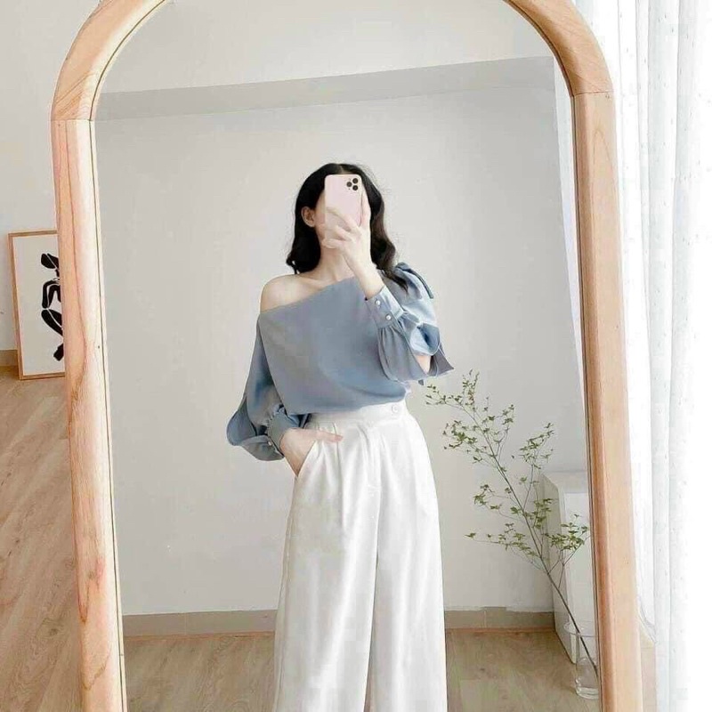 SET ÁO LỤA LỆCH VAI QUẦN SUÔNG CHẤT LỤA ĐẸP CÓ HÌNH THẬT TRẢI SÀN