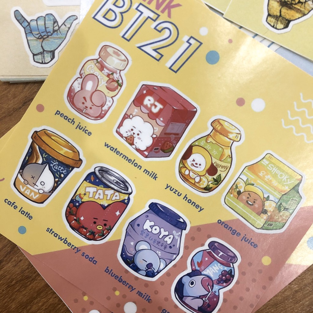 Tấm hình dán - Sticker Drink BT21 trang trí sổ, vở, laptop, điện thoại, đàn..v..v.