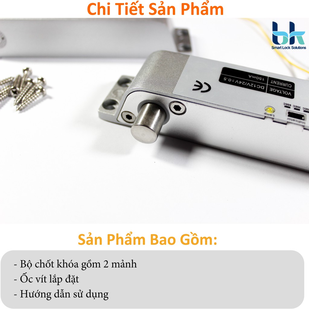 Khóa chốt rơi - Chốt khóa cửa điện từ gắn cửa gỗ nhôm nhựa BK Smart Lock BK-L01B12 thường mở, 12V độ trễ 0s 3s 6s