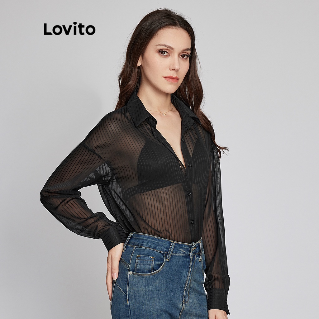 Áo Lovito phong cách thường ngày màu trơn cổ áo cài nút trước vải xuyên thấu trọng lượng nhẹ và thoáng khí L26LD023 (màu đen)