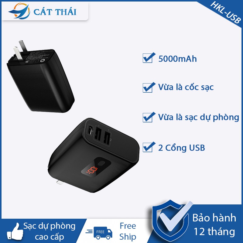 Pin dự phòng màn hình hiển thị HKL-USB55 có chức năng cốc sạc 2 IN 1 dung lượng 5000mAh 2 cổng USB