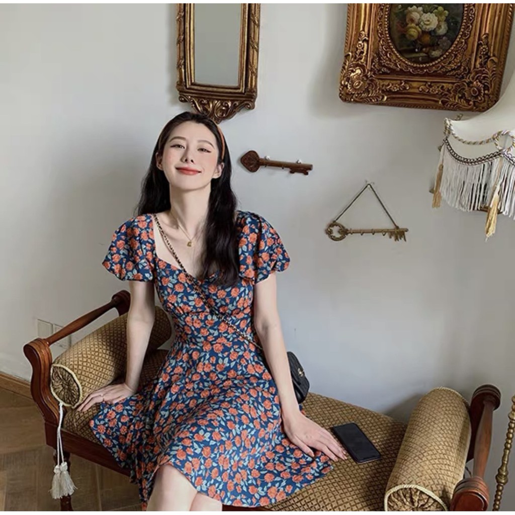 Váy hoa cam cổ tim vuông vintage | BigBuy360 - bigbuy360.vn