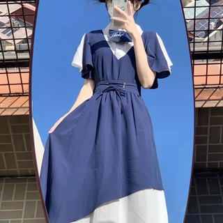 Váy dài Lolita Màu xanh trắng Tay ngắn Thiết kế cổ tích mềm mại thoải mái