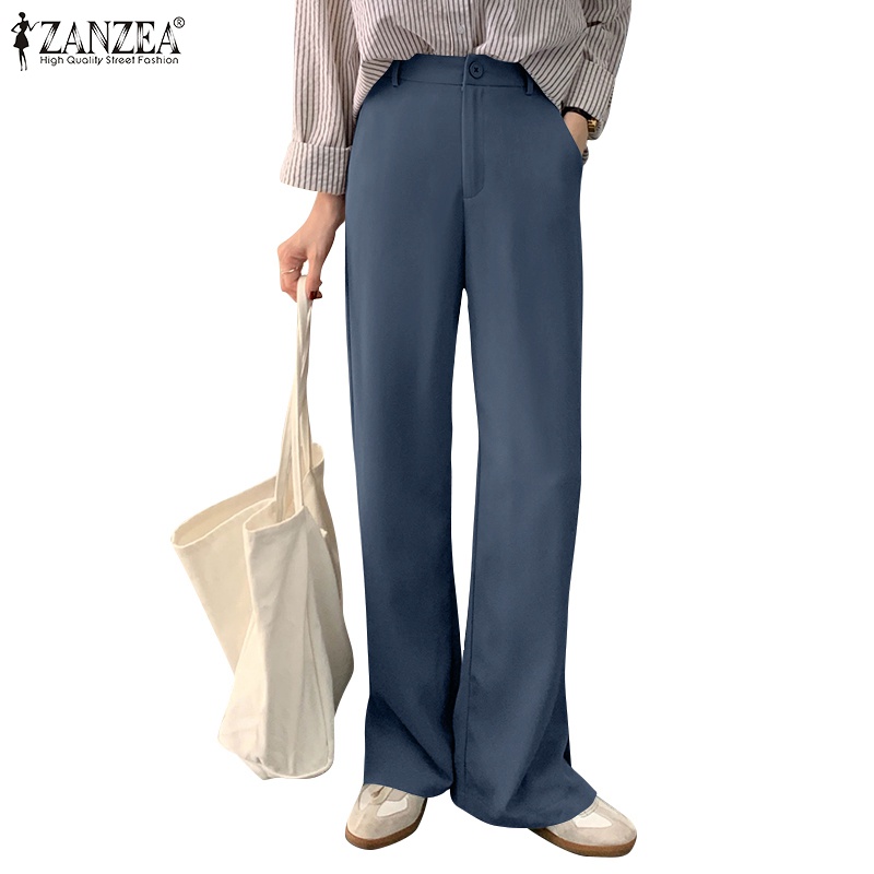 Quần dài ZANZEA ống rộng có túi phối khóa kéo phía trước thời trang cho nữ