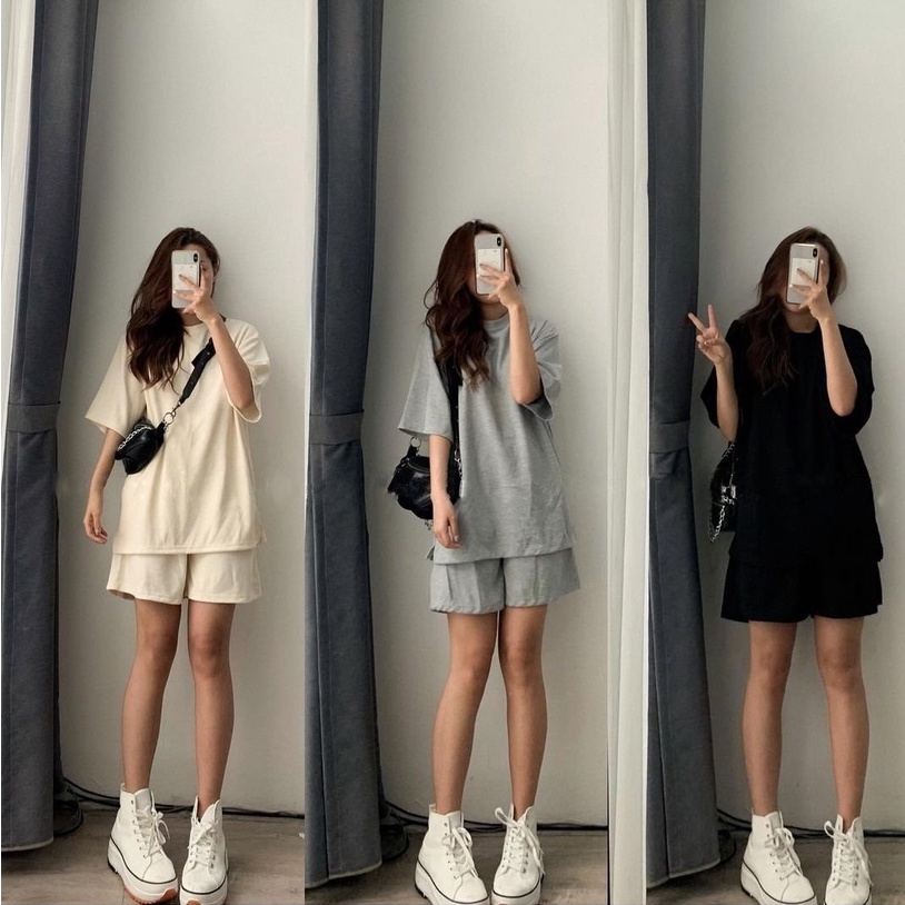 Set đồ nữ đi chơi bộ áo cộc tay quần đùi vải tổ ong oversize mặc mát mùa hè chụp ảnh đi dạo xinh xắn giá rẻ