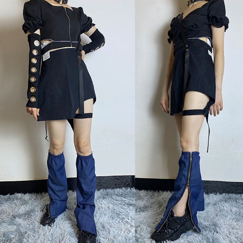 Youyo Vớ Denim Dài Ngang Bắp Chân Màu Xanh Dương Có Khóa Kéo Bên Phong Cách Harajuku Gothic Punk Nhật Bản Giữ Ấm Mùa Hè Cho Nữ Fo