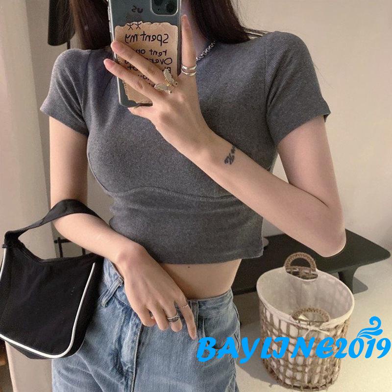 Áo Thun Ngắn Tay Cổ Tròn Màu Sắc Đơn Giản Dành Cho Nữ