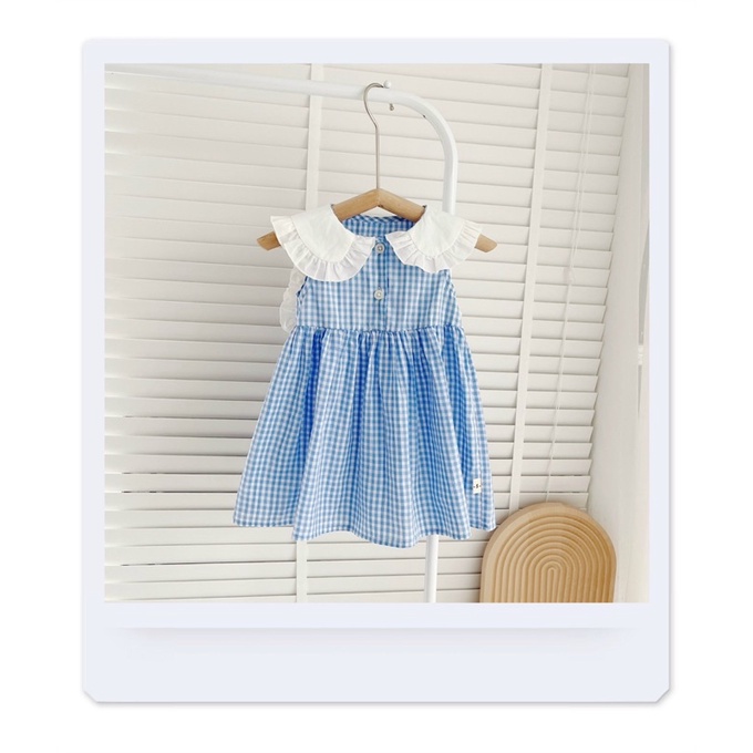 Váy hè sát nách caro tai thỏ chất thô cotton mỏng cho bé gái 0-5 tuổi