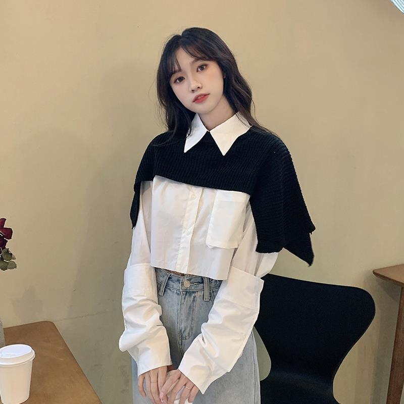 Bộ áo sơ mi dài tay phối khoác len không tay độc đáo thời trang dành cho nữ | BigBuy360 - bigbuy360.vn