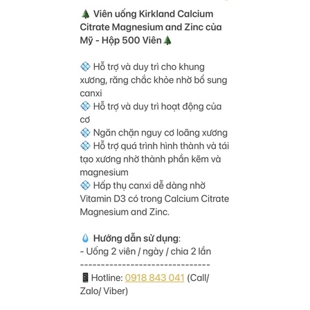 Viên uống Kirkland Calcium Citrate Magnesium and Zinc 500 Viên [Mỹ]