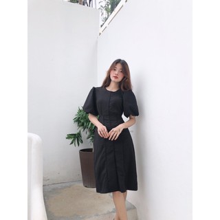 Đầm midi tay bí phối viền
