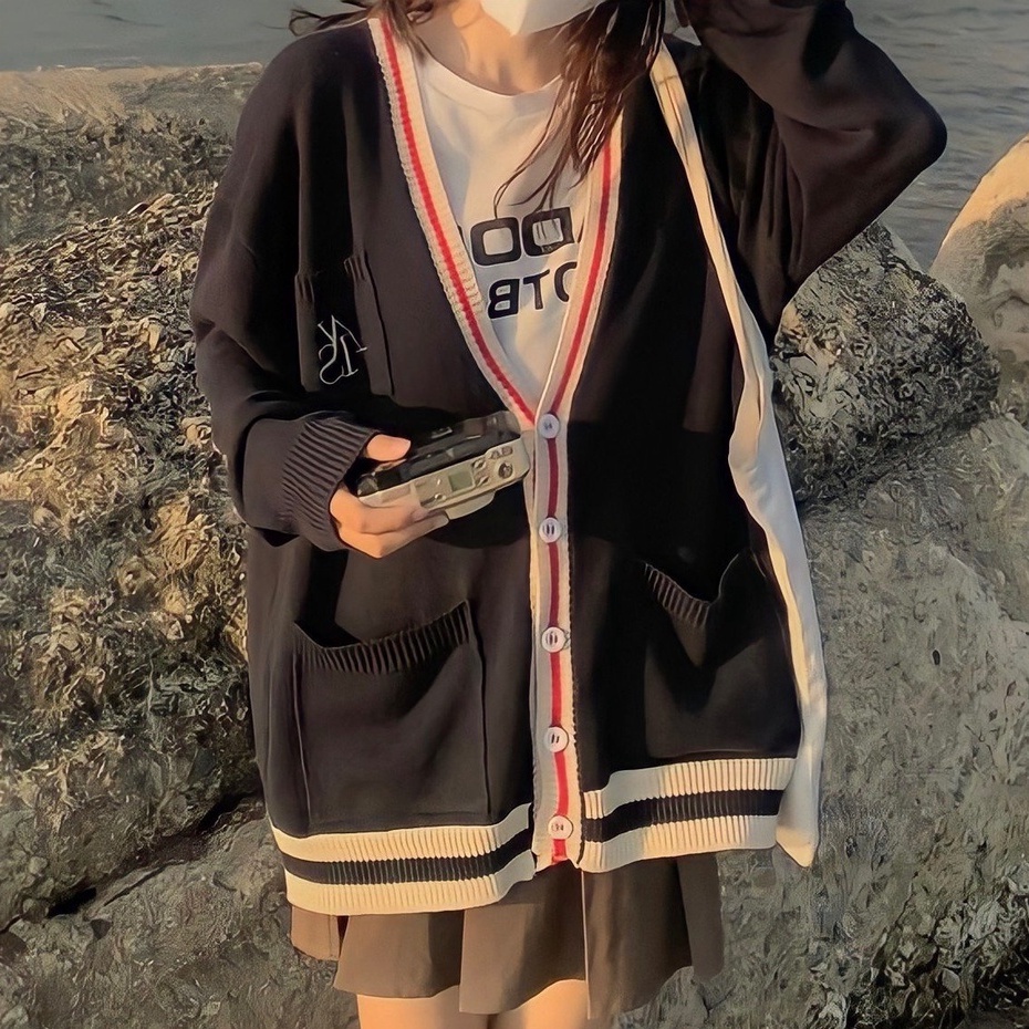 Happy-store ❤️ Cardigan len nữ dài tay dễ thương, áo len hàn quốc in AIS có,túi bo ngực happy store8668