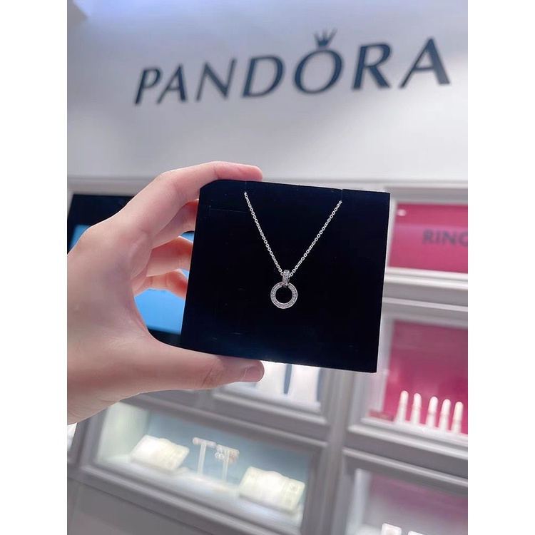 Vòng cổ Mặt Nhẫn Đôi Pandora Mạ Bạc 925 Đính Kim Cương Nhân Tạo Thời Trang Dành Cho Nữ