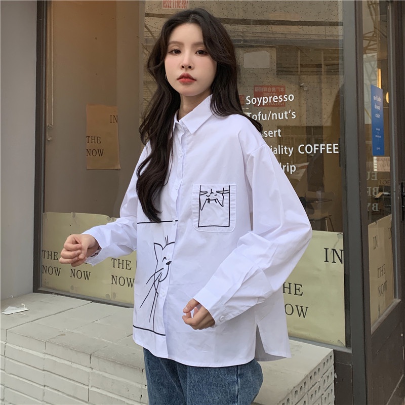 Áo sơ mi ZHELIHANGFEI tay dài dáng rộng họa tiết hình con mèo phong cách học đường dễ phối đồ