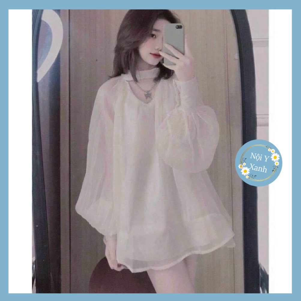 Áo sơ mi cổ phối ngọc dáng rộng hot hit_011 chất mát, phom đẹp, nội y xanh