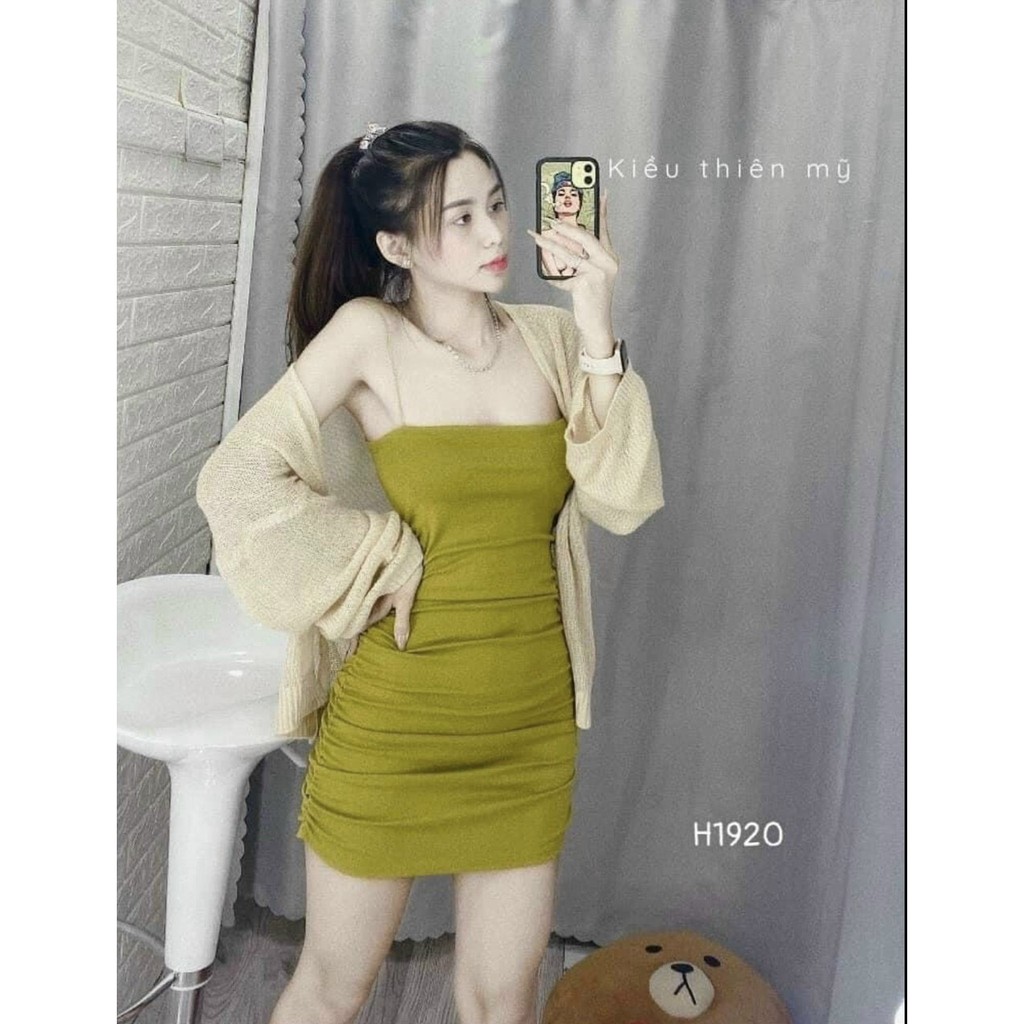 Đầm hai dây body nhúm sườn trơn cực xinh , chất thun bozip dày dặn mềm mịn