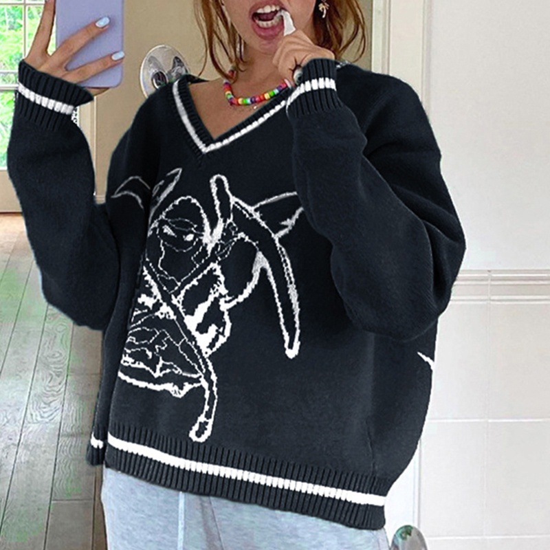 Áo Sweater Dệt Kim Tay Dài Cổ Chữ V In Hình Quỷ Thời Trang Harajuku Dành Cho Nữ