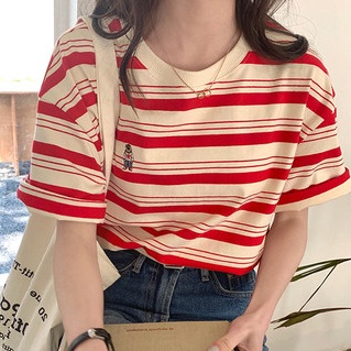 SUXI Áo thun vải cotton cổ tròn ngắn tay dáng rộng họa tiết kẻ sọc đơn giản thời trang mùa hè