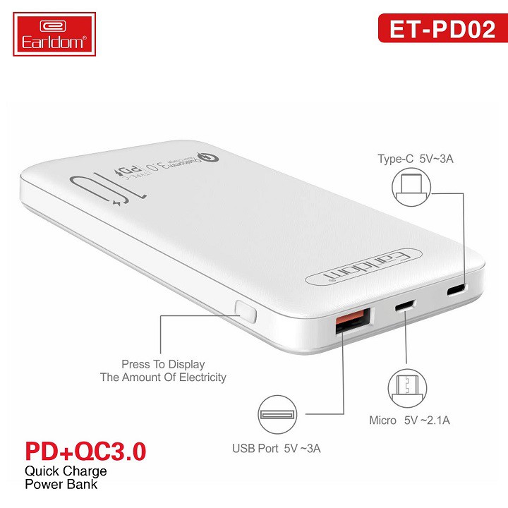 Sạc dự phòng Qc 3.0 10.000 mAh, Pin tích điện sạc nhanh quick charger dung lượng cao Earldom PD02 KLH Store