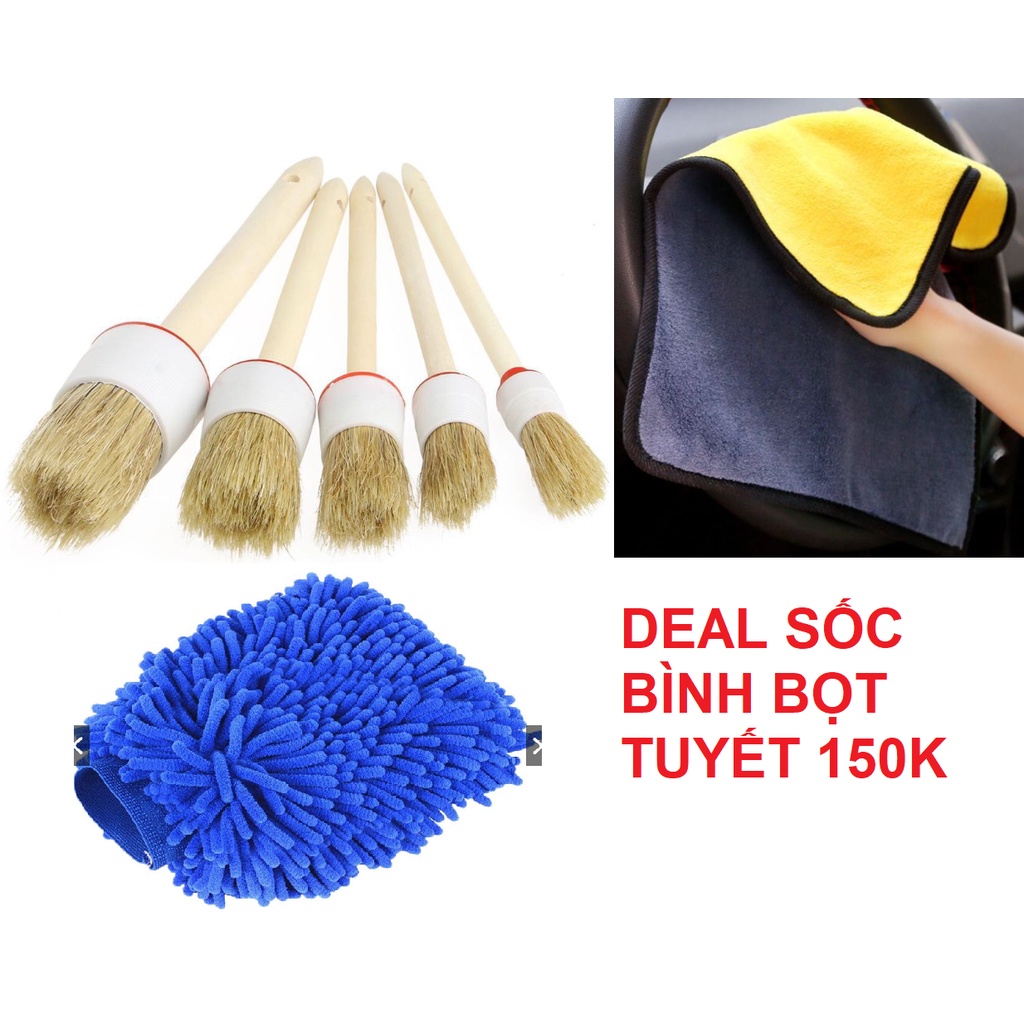 COMBO 3 DỤNG CỤ RỬA XE MÁY, XE OTO (BỘ 5 CỌ LÔNG HEO, KHĂN MICRO 30X60, GANG SAN HÔ VÀ XÀ BÔNG BZ