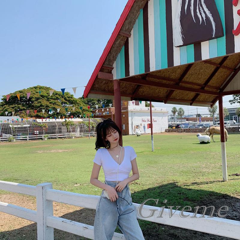 Áo Thun Tay Ngắn Cổ Chữ V Màu Sắc Đơn Giản Cho Nữ