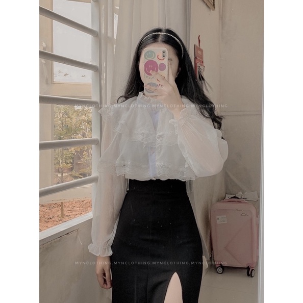 Áo sơ mi tiểu thư bánh bèo 2 tầng phối ren