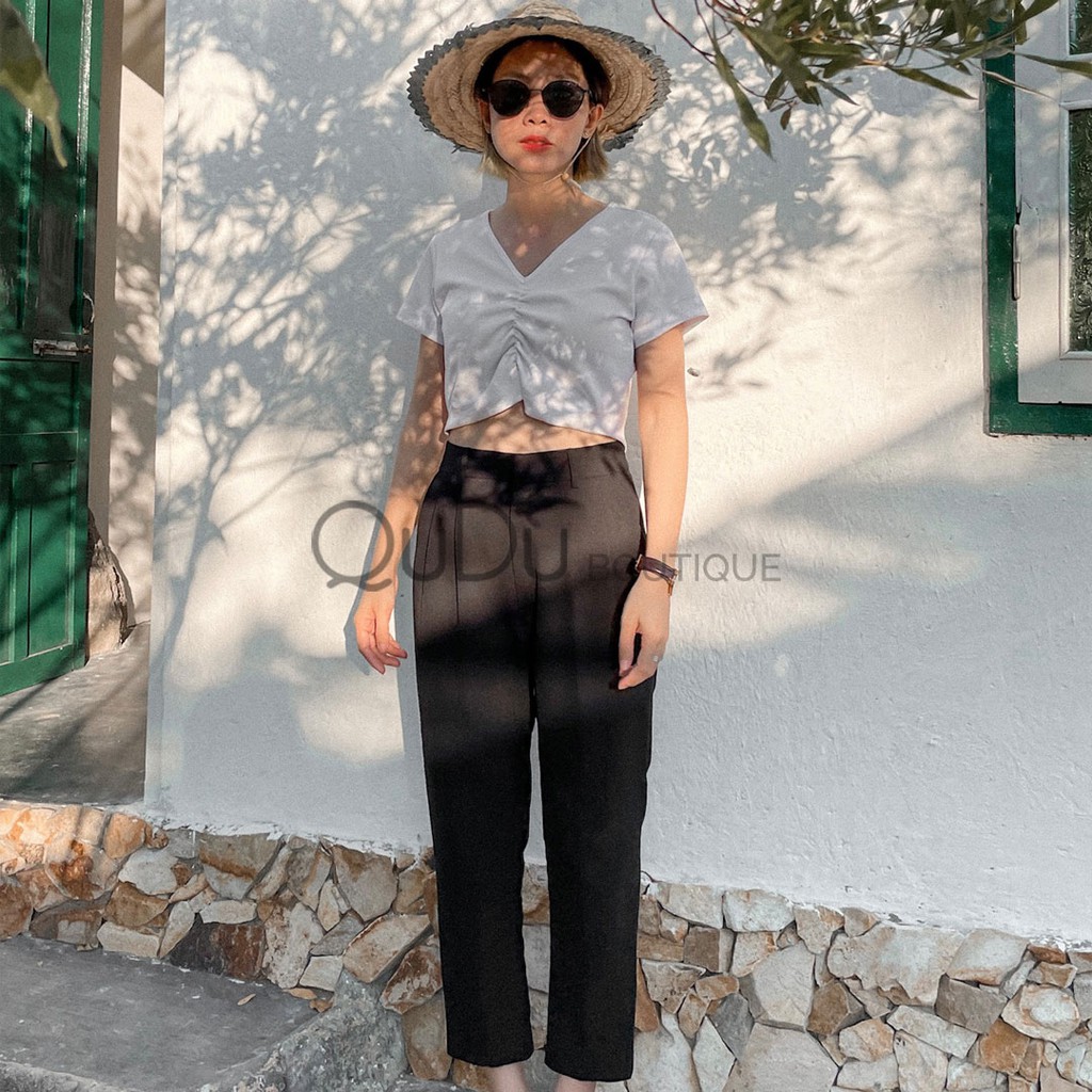 Hot Trend Áo Crotop Nữ Màu Trắng, Crotop Tay Ngắn Trắng Trơn Cổ Tim Nhún Ngực Phong Cách Hàn Quốc [ Áo Thiết Kế QuDu ]