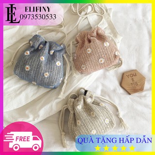 Túi dệt kim đeo chéo dây rút thêu hoa cúc xinh xắn đáng yêu