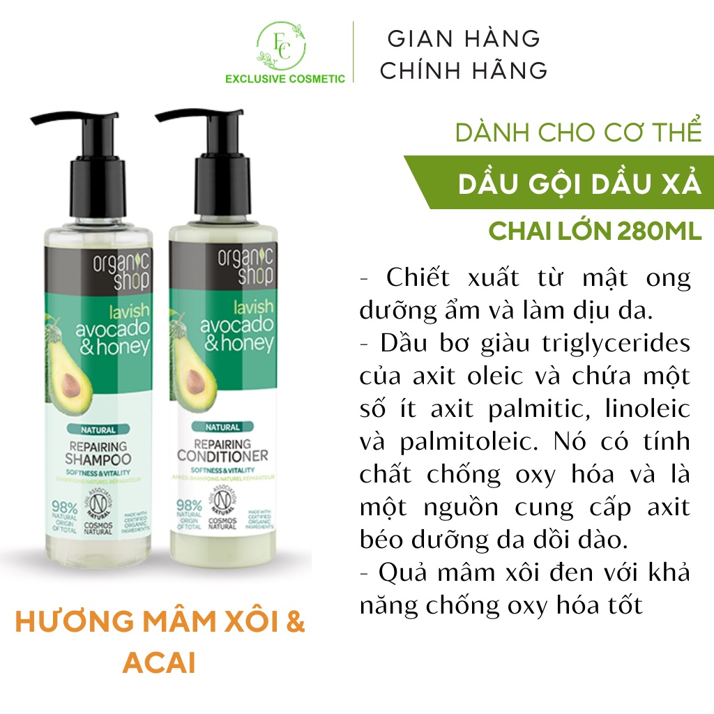Dầu gội xả Organic Shop Repairing Shampoo Avocado & Honey 280ml