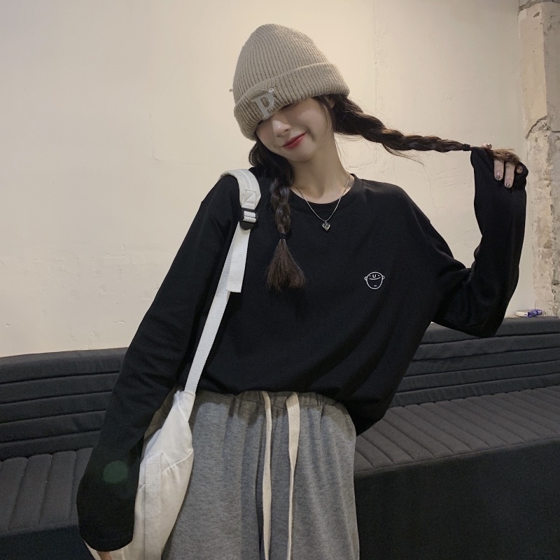 ZHELIHANGFEI Áo Thun Tay Dài Cổ Tròn Form Rộng Với Họa Tiết Thêu Đơn Giản Dễ Phối Đồ