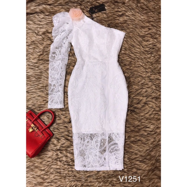 Váy ren trắng body lệch vai thiết kế DVC