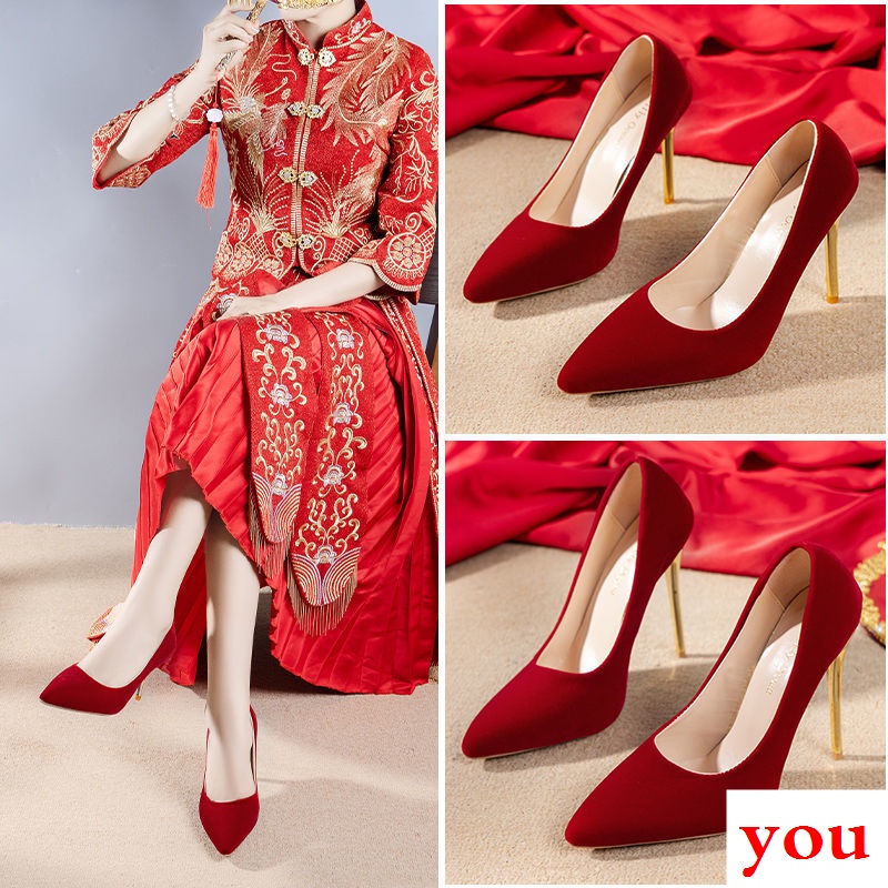 Giày Cao Gót Nhung Đỏ Size Lớn 35-45 41 42 Cho Cô Dâu Ngày Cưới