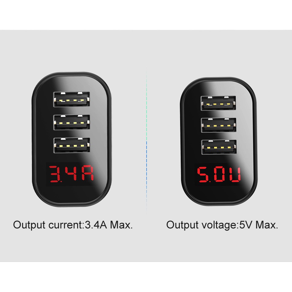 Củ sạc nhanh 3 cổng sạc USB mặt gương hiển thị thông số kỹ thuật thông minh hãng Baseus