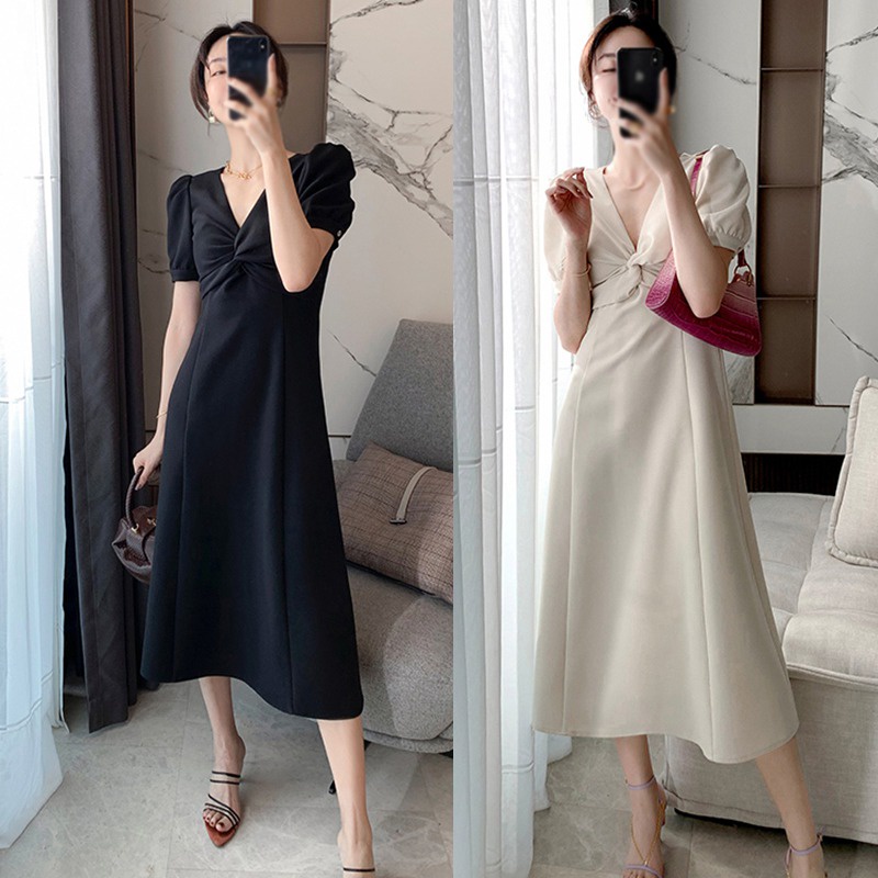 Đầm Tay Ngắn Cổ Chữ V Màu Sắc Trơn Phong Cách Hàn Quốc Thời Trang Mùa Hè Xinh Xắn Cho Nữ