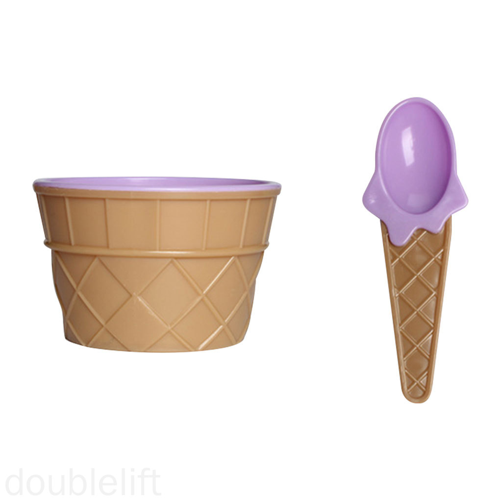 Bộ tô và muỗng nhựa PP màu tím đựng kem/đồ ăn cho trẻ em dụng cụ bàn ăn tiện dụng
