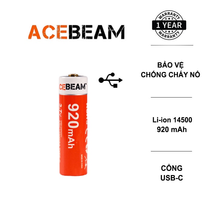Pin sạc ACEBEAM 14500 dung lượng 920mAh có cổng sạc USB-C