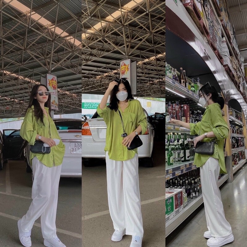 Set áo sơ mi xanh bơ LINH NGỌC ĐÀM + quần baggy tây trắng VIBES