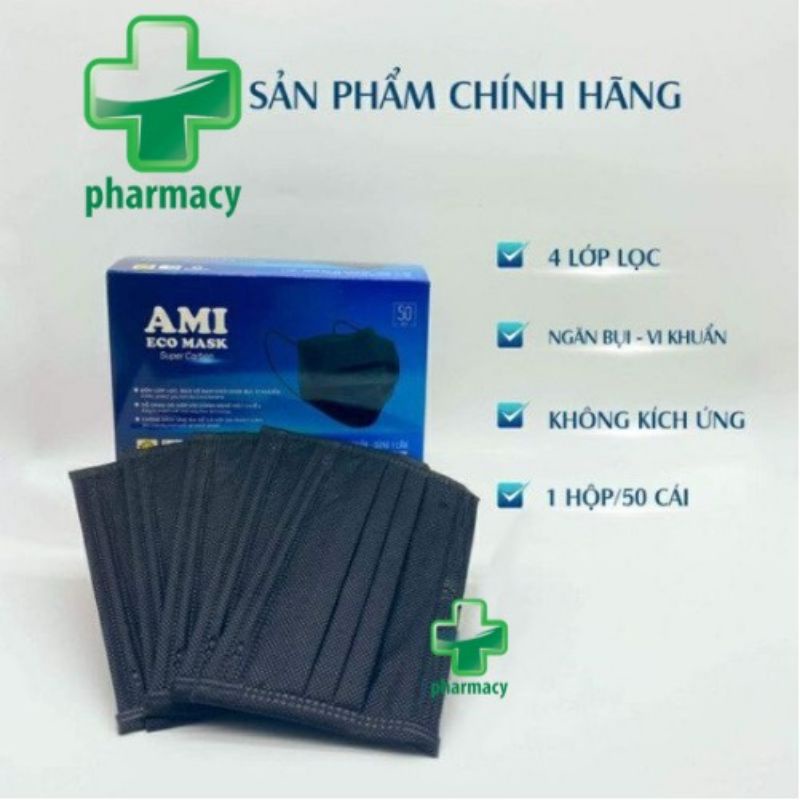 Khẩu trang y tế. Khẩu trang AMI 4 lớp mầu ĐEN chính hãng hộp 50 chiếc