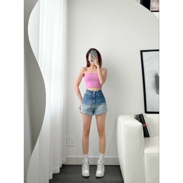 Quần short jean (quần jean đùi) nữ cạp cao lai tua rua màu ombre vnxk