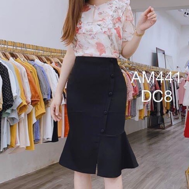 Chân Váy Bút Chi Dáng Cá Đính Cúc Bọc Thời Trang Công Sở Nữ