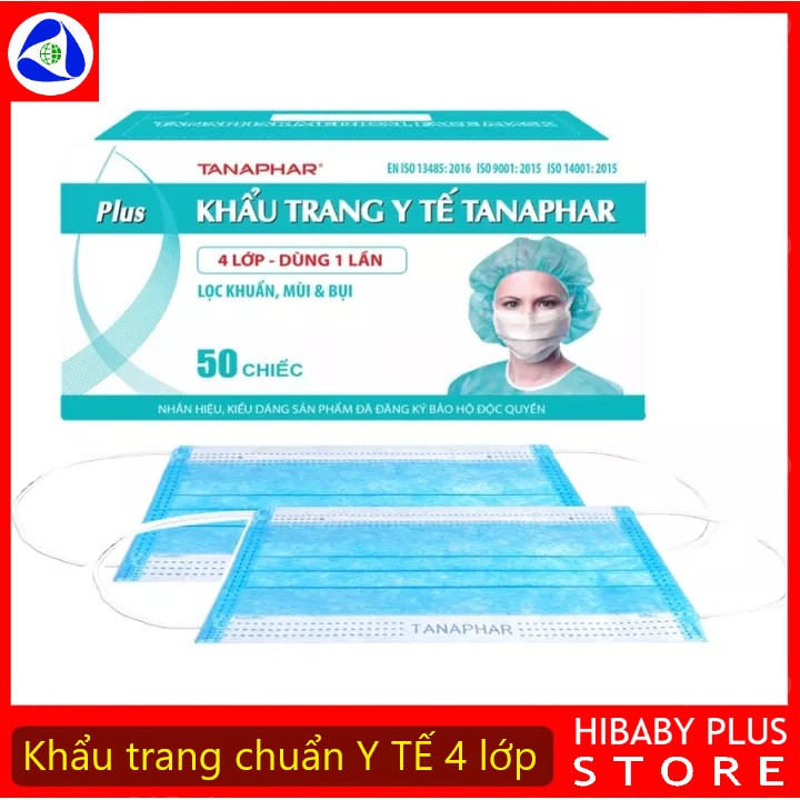 Khẩu trang y tế TANAPHAR PLUS hộp 50 chiếc 4 lớp kháng giọt bắn và kháng khuẩn dùng 1 lần